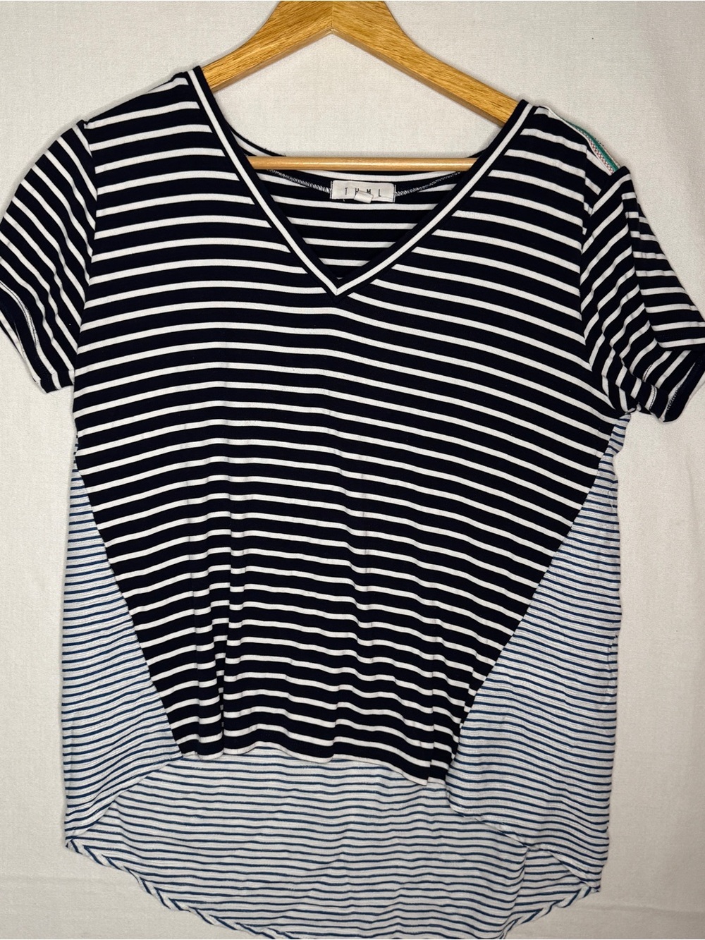 Striped V-Neck Short Sleeve Top - Black & White and Blue - THML